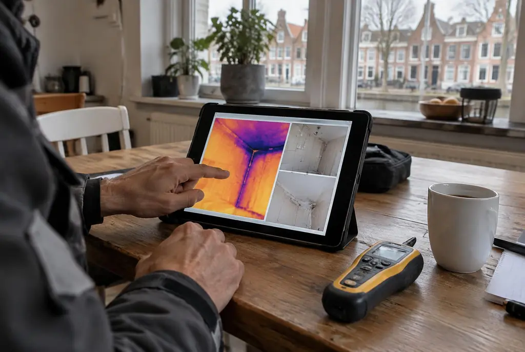 Lekdetectie Wormerveer – lekdetectierapport met warmtebeelden en foto's op een tablet