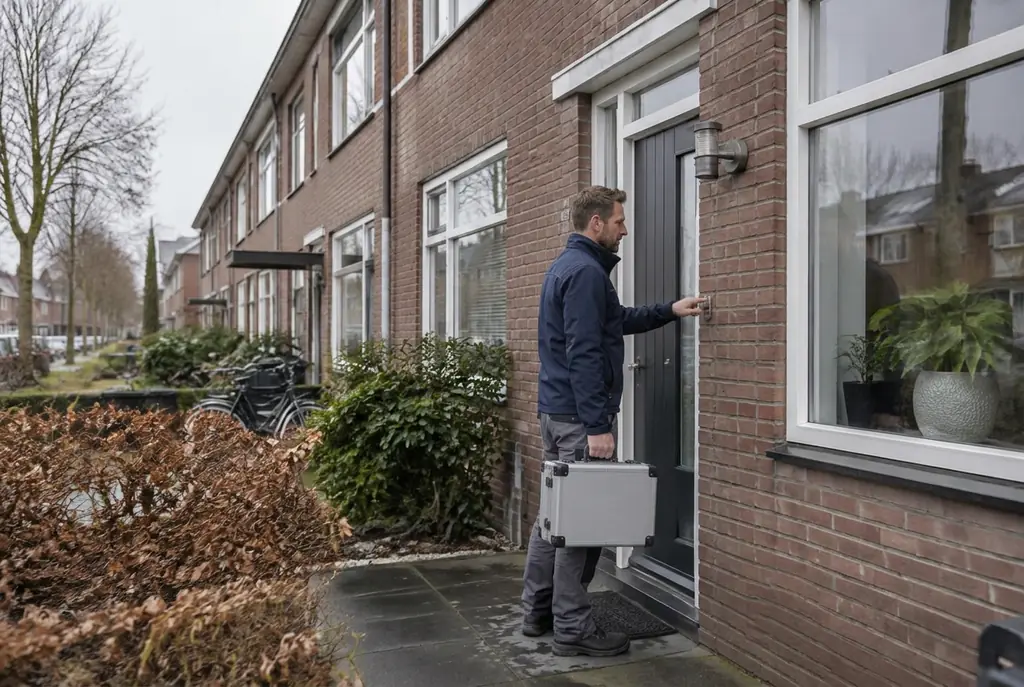 Lekdetectiespecialist met meetkoffer bij de voordeur van een woning in Wormerveer